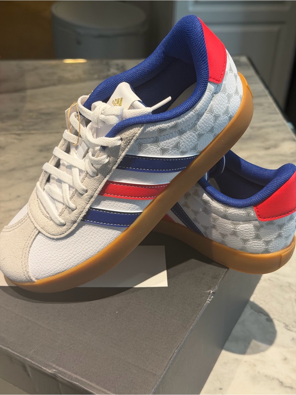 adidas Originals VL Kids White Sneakers with Blue & Red Stripes and Gum Sole